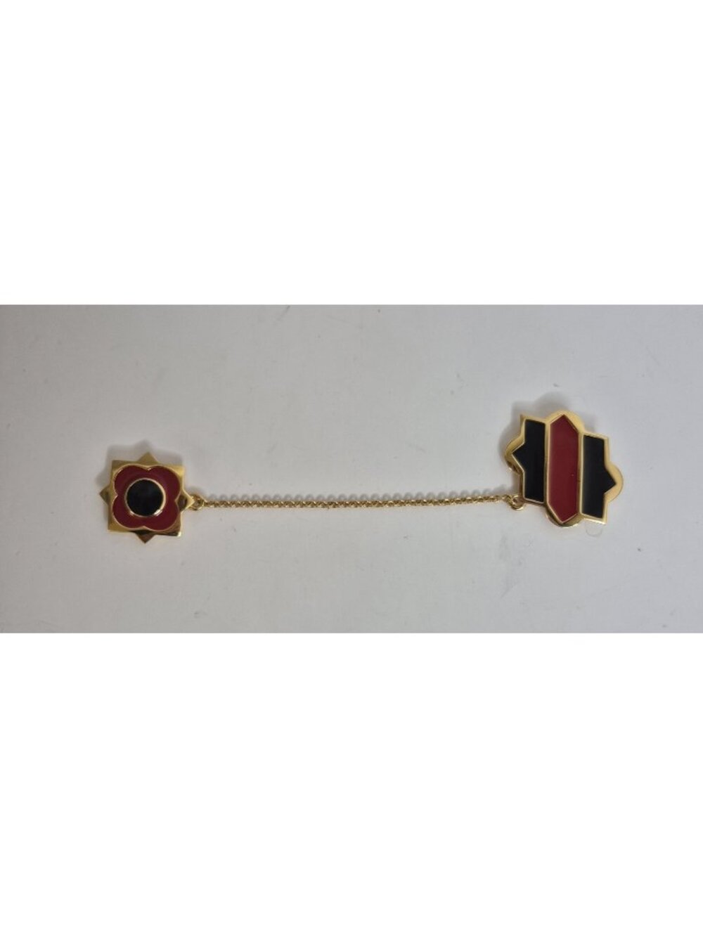 LARGE MONET GOLD RED BLACK ENAMEL SHIELD STAR CROSS CHAINED  BROOCH